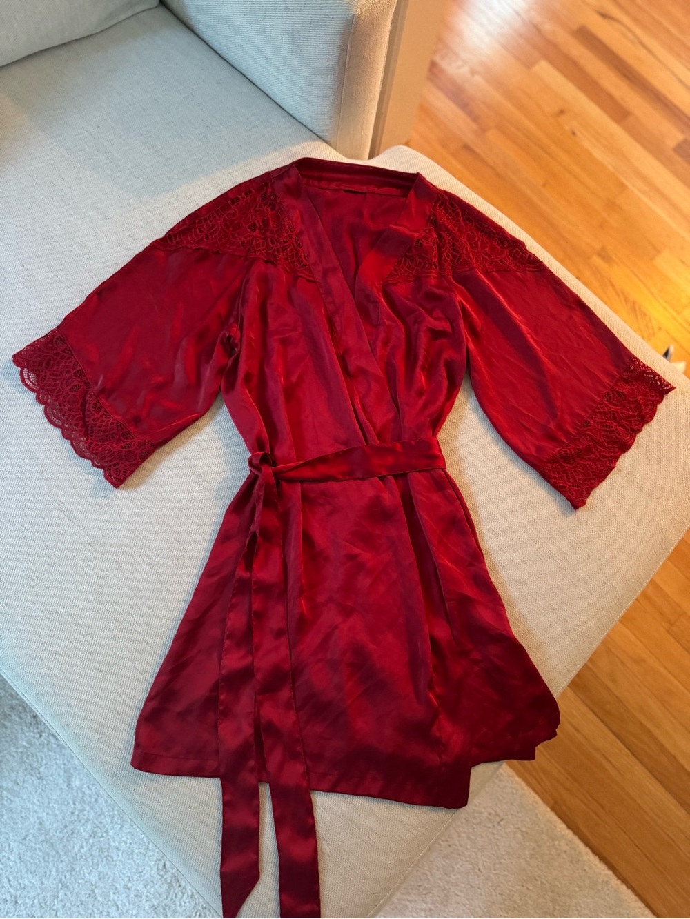 Silky Red Lace-Trim Robe with Waist Tie